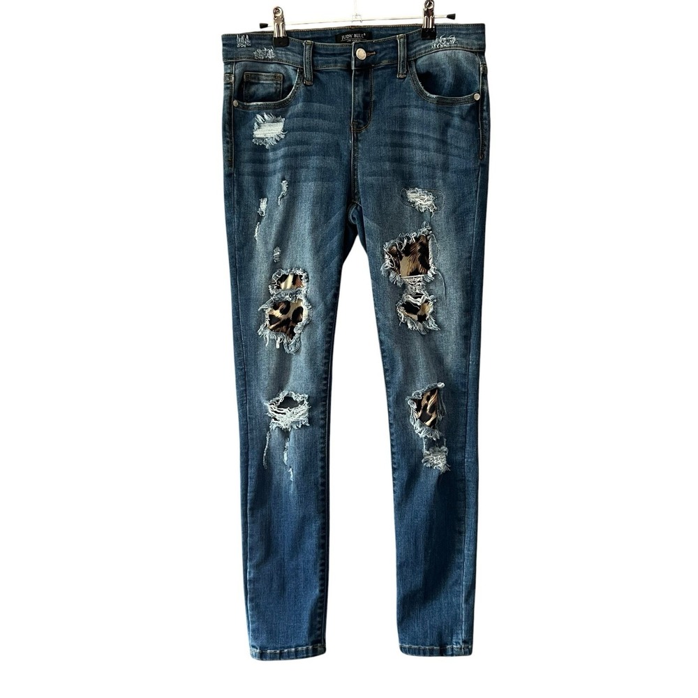 Judy Blue Skinny Fit Distressed Leopard Print Patch Jeans Medium Wash
